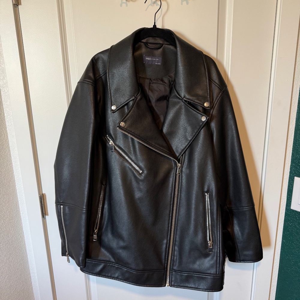 M&S Oversized Faux Leather Coat - Black  sz UK22 US18